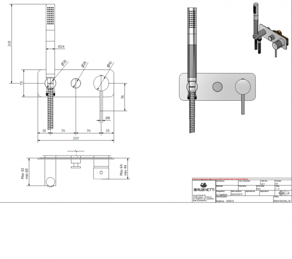 Внешняя часть встраиваемого смесителя с переключателем на 2 потребителя и ручным душем IBRUBINETTI INDUSTRIA ID313