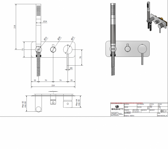 Внешняя часть настенного встраиваемого смесителя с переключателем на 3 потребителя и ручным душем IBRUBINETTI INDUSTRIA ID314