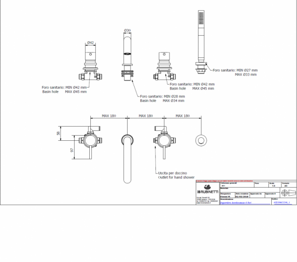 Смеситель на борт ванны на 4 отверстия с дивертором с изливом и ручным душем IBRUBINETTI INDUSTRIA ID396